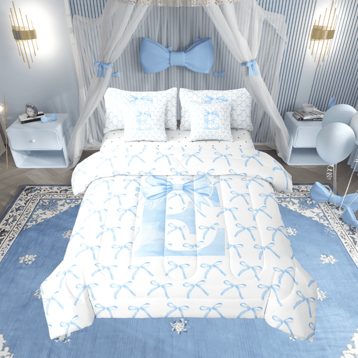 Erosebridal Kawaii Bowknot Bedding Sets Twin Size,Initial Letter Comforter Sets with Sheets,Monogrammed Decor,Reversible,7pcs
