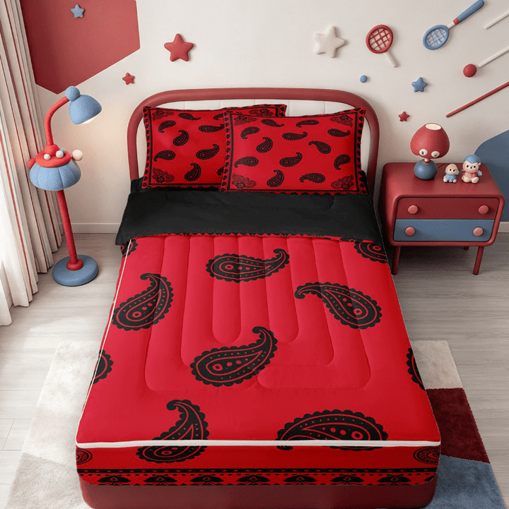meiyoeat Edgy Paisley Zipper Full Size Comforter Sets with Fitted Sheet and 2 Pillowcases,Bold Print Zipper Bedding Set For Adults,Red Black,Black Reversible,4 Pieces