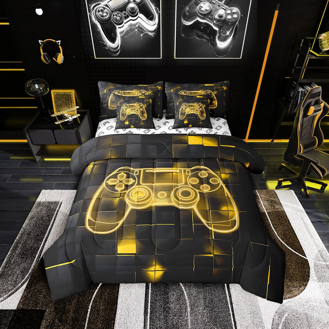 Video Game 7 Piece Bed In A Bag Twin Twin Gaming Bedding Set Yellow Black Geometric Gampad Comforter Set With Sheets Gamer Room Decor Neon Grids Gaming Reversible Bed Set