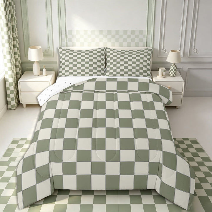 Erosebridal Plaid Comforter Set Twin Beige Sage Green Checkerboard Quilt Set Geometric Checkered Bedding Set,Aesthetic Grid Duvet Set Modern Room Decor 2 Pcs