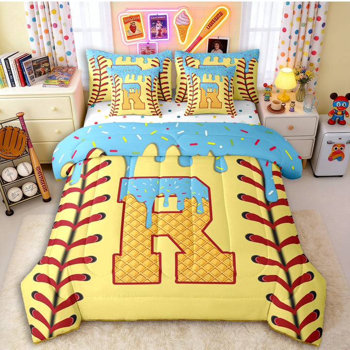 Erosebridal Light Blue Dripping Baseball Stitch &amp; Waffle Letter R Graphic Twin Bedding Sets 7-Piece, Alphabet Graphic Bedding Comforter Set for Boys And Girls Kids,Super Cozy Room Decor