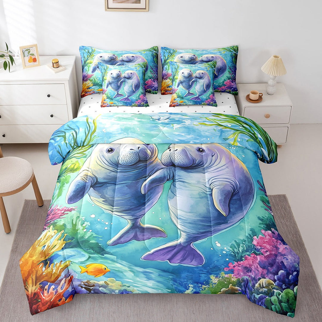 Erosebridal Cute Manatee Comforter Set Twin 7 Pieces Cartoon Ocean Animal Fish Sea Creatures Bedding Set Marine life Sealife Bed in a Bag with Comforter,Sheets