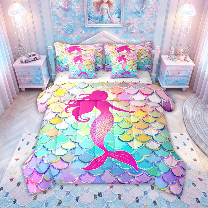 meiyoeat Glitter Mermaid Princess Scale Full Size Bedding Sets for Girls, Rainbow Gradient Ocean Fairy Full Size Bed in a Bag, Pink, Reversible, 7 Pieces