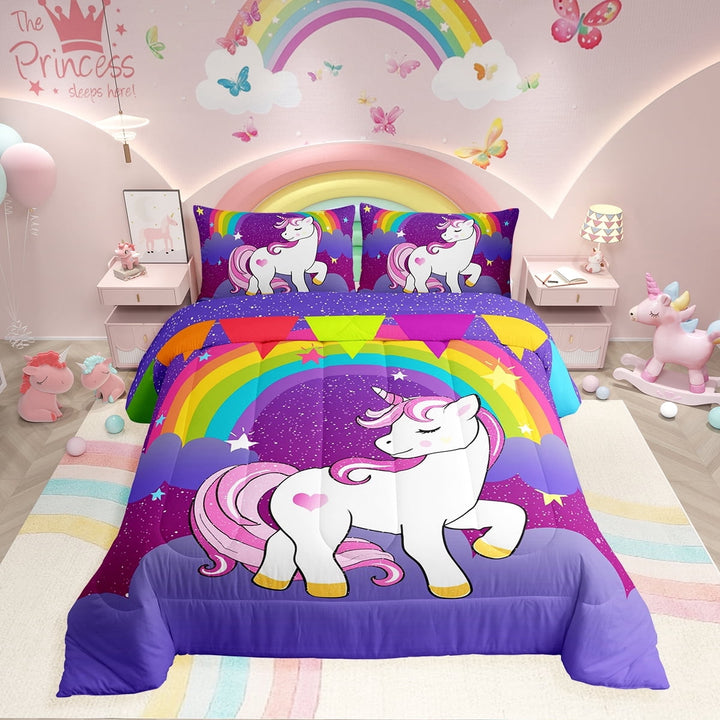 Girls Unicorn Bedding Set Full Kawaii Cute Unicorn Print Bedding Set Cartoon Horse Bedding Children Galaxy Stars Magical Unicorn Animal Down Comforter +2 Pillowcases Reversible Lightweight Purple