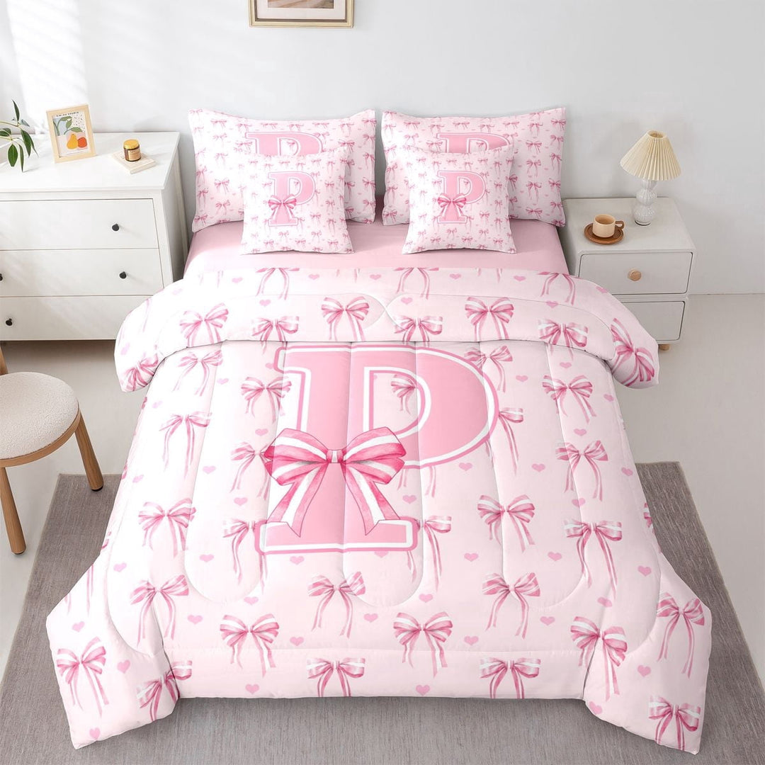 Erosebridal Cartoon Stripes Bow Twin Bedding Sets 7-Piece For Teens,Girls Pink Personalized Initial P Bedding Comforter Set,Pink Reversible
