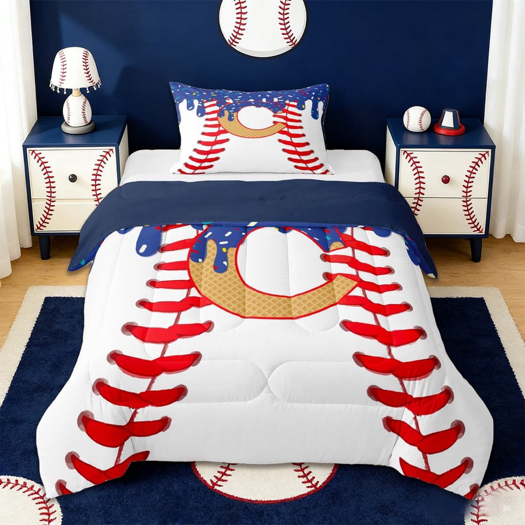 Erosebridal Kids Ice Cream Drip Twin Comforter Sets,Letter C Monogrammed Bedding Set For Baseball Boys,Reversible navy blue,2-Piece