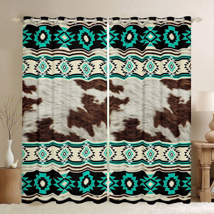 Erosebridal Brown Cow Print Curtains Pack of 2 (42x84 Each), Rustic Farmhouse Curtains Blackout, Teal Aztec Decor