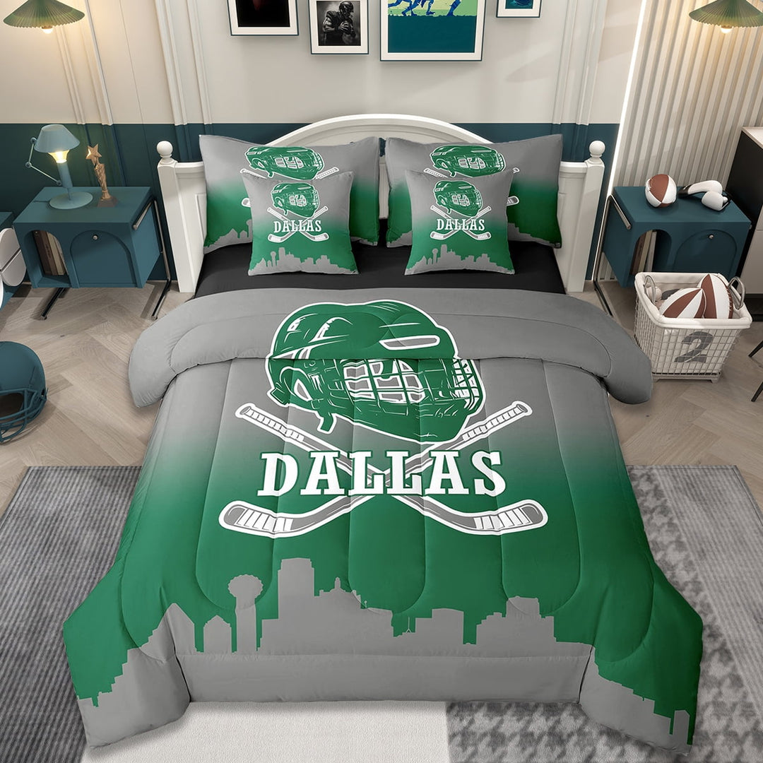 jejeloiu Ice Hockey City Twin Bedding Sets,7-Piece,Sports Theme Bedding Comforter Set,Dallas Sheet Sets For Boys,Ultra Soft Bedroom Decor Reversible