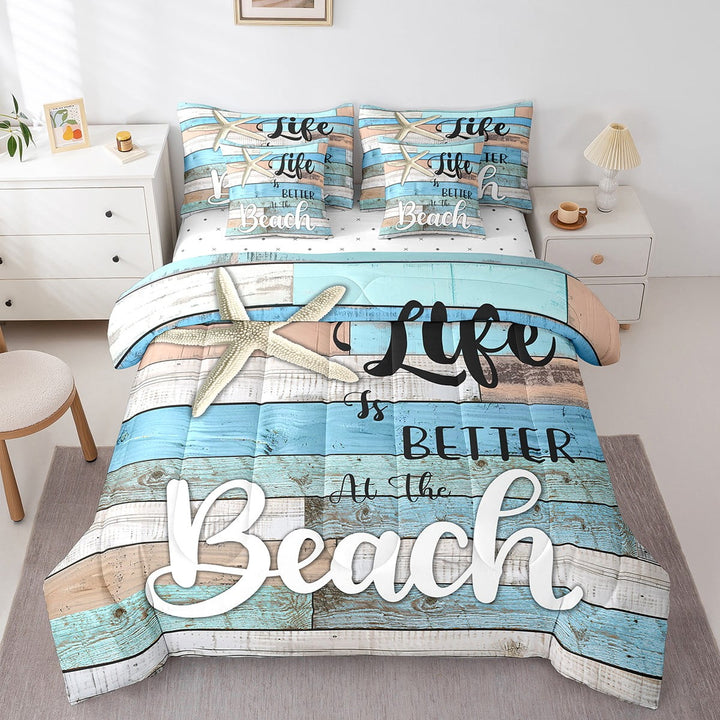 Summer Beach Comforter Set 7 Pieces, Tropical Beach Life Bed Set Twin, Blue Wooden Plank Bedding with 1 Comforter,1 Fitted Sheet,1 Flat Sheet,2 Pillowcases,2 Throw Pillow Cover