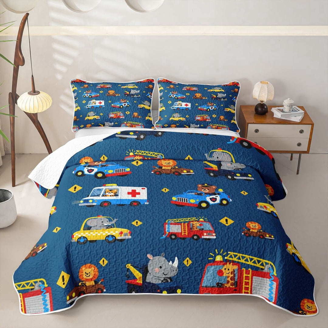 Erosebridal Cartoon Animal Vehicle Quilt Full for Boys Men, Cute Rescue Car Print Full Bedspread Sets, 3 Pieces