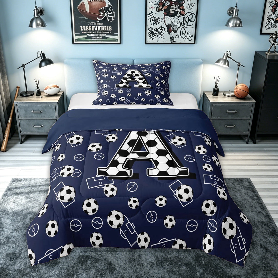 meiyoeat Soccer Letter A Full Size Comforter Sets for Boys, Ball Field Bedding Comforter Set for Bedroom, Navy Blue, Blue Reversible, 3 Pieces, 1 Comforter and 2 Pillowcases