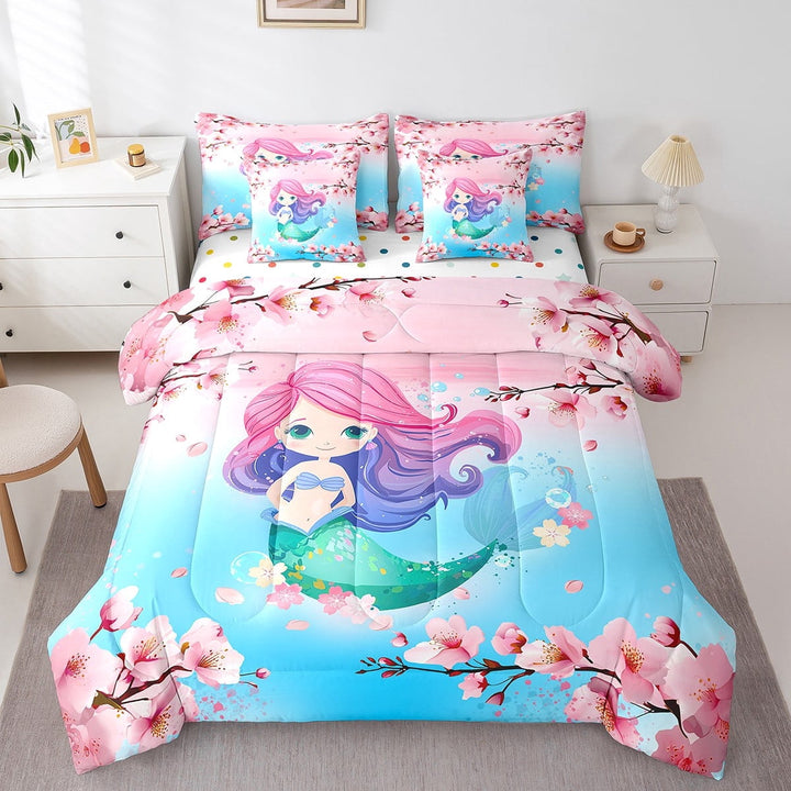 Mermaid 7 Piece Comforter Set Full Bed in a Bag,Nautical Sea Animal Bedding Sets Gradient Teal Pink Cherry Blossom Flowers Sheet Set with Comforter