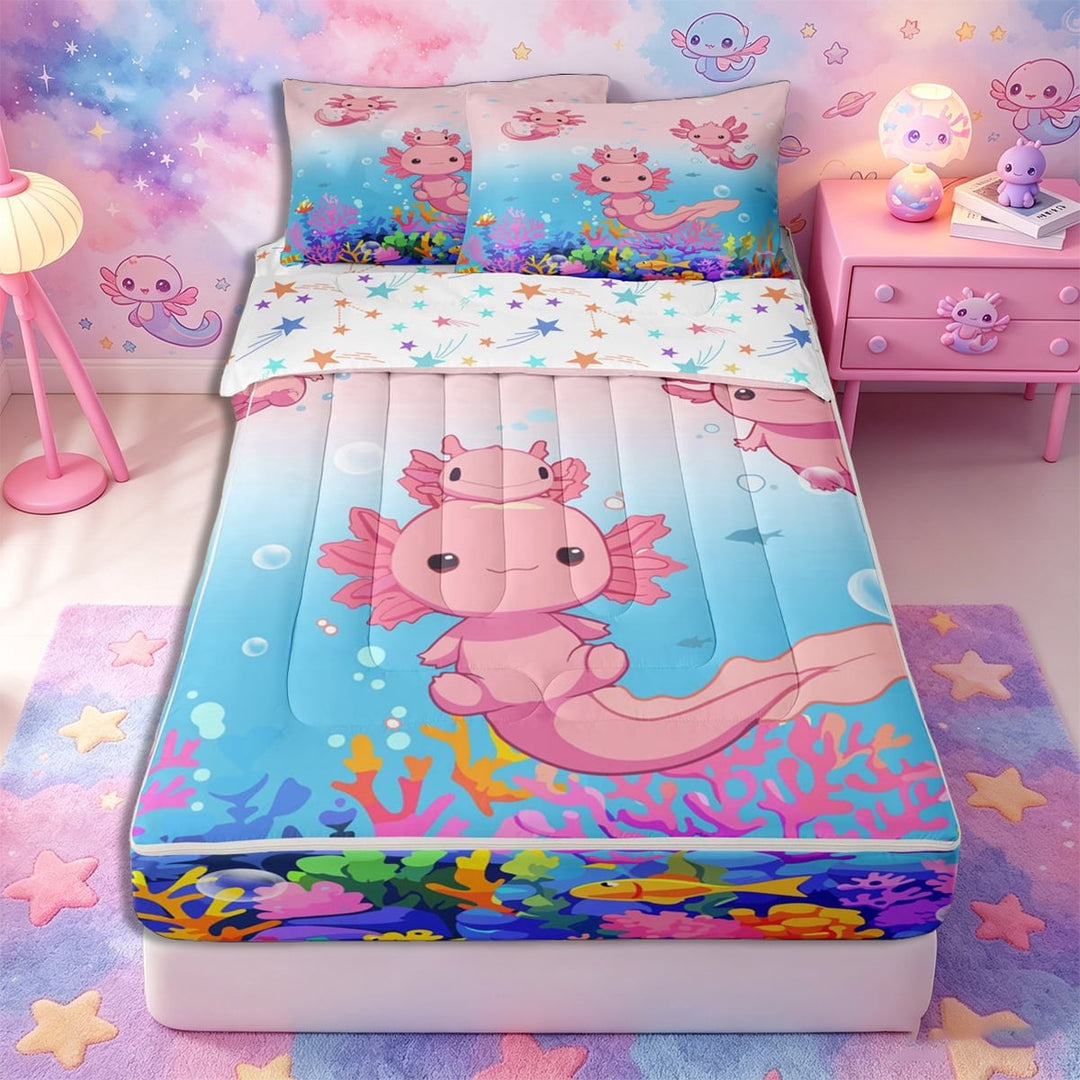 Meiyoeat Cartoon Sea Salamander Zipper Twin Comforter Sets with Fitted Sheet and 2 Pillowcases, Cartoon Ocean Animal Zipper Bedding Set, Pink Blue,4-Piece