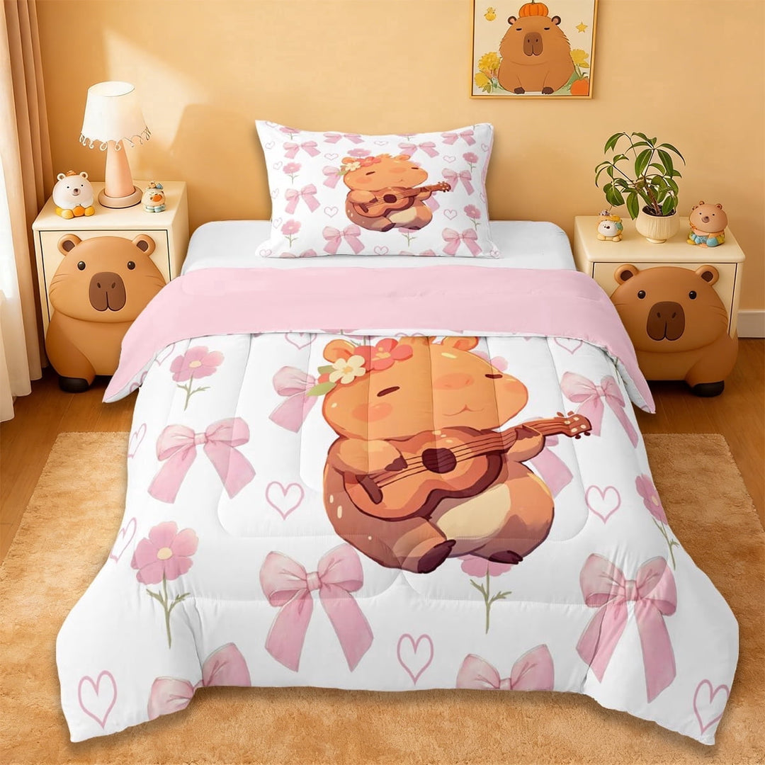 Erosebridal Cute Cartoon Capybara Twin Comforter Sets,Music Theme Music Instrument Guitar Bedding Set For Kids Girls ,Reversible Pink 2-Piece