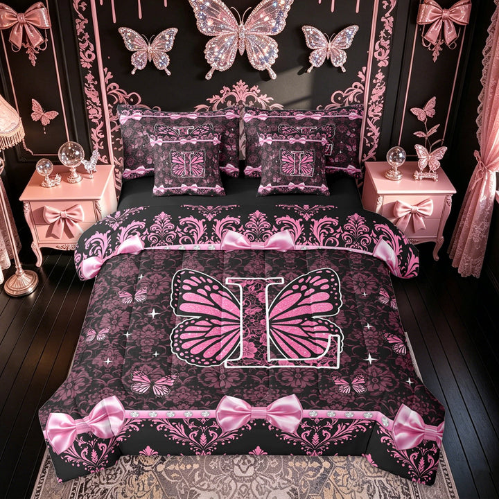 Meiyoeat Kawaii Damask Butterfly Initial L Bedding Comforter Set for Women Girls, Pink Black Bowknot King Bedding Sets, Black Reversible, 7pcs