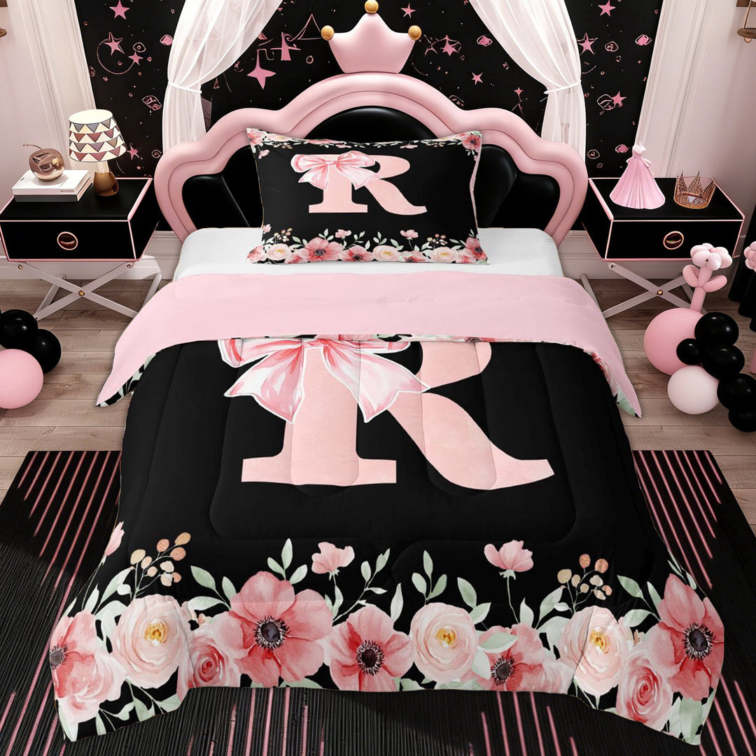 Erosebridal Princess Bow R Twin Comforter Sets, Spring Flower Bedding Set, Pink Reversible, 2pcs