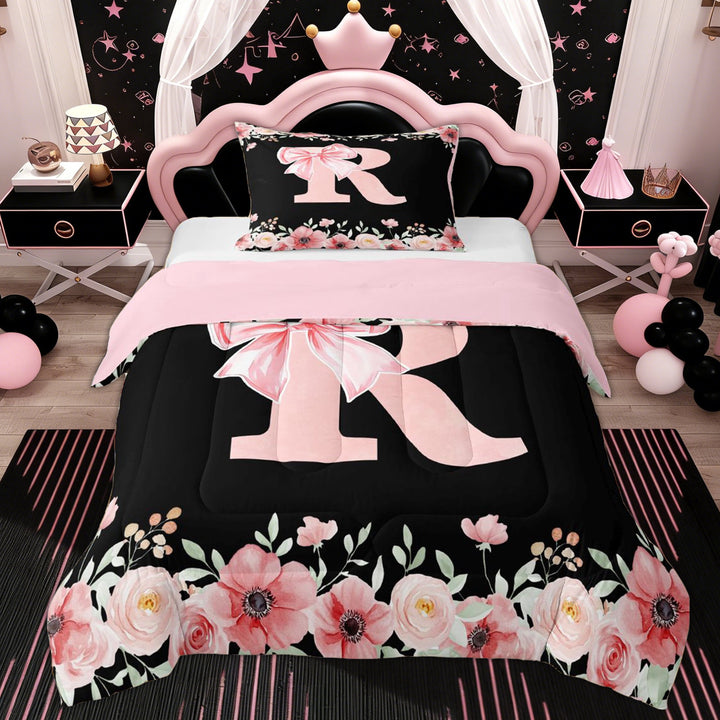Erosebridal Princess Bow R Twin Comforter Sets, Spring Flower Bedding Set, Pink Reversible, 2pcs