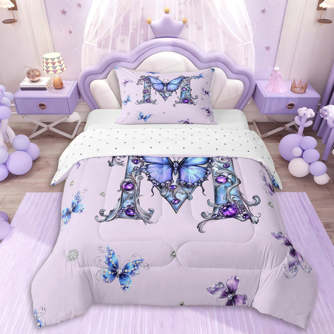 Erosebridal Purple Crystal Letter Monogrammed M Twin Comforter Sets 3-Piece For Teens,Girls Flying Butterflies Bedding Set,Luxury Bedroom Decor