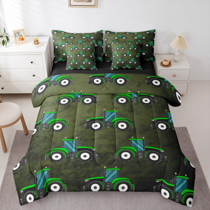 Green Truck Bed in a Bag Watercolor Tractor Bedding Full 7pcs, Construction Vehicle Comforter Set Hand Drawn Cartoon Bedding Comforter Sets, Car Themed Bedding Accessories