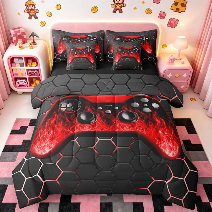 Manfei Gamepad Bedding Sets Twin Size,Modern Geometric Honeycomb Comforter Sets with Sheets,Neon Red Black Bed in a Bag Twin Size For Boys Kids,Super Cozy Bedroom Decor Reversible,7-Piece