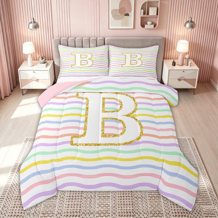 meiyoeat Glitter Letter B Full Size Comforter Sets for Girls Kids, Rainbow Initial Bedding Comforter Set, Pastel, Pink Reversible, 3-Piece, 1 Comforter and 2 Pillowcases