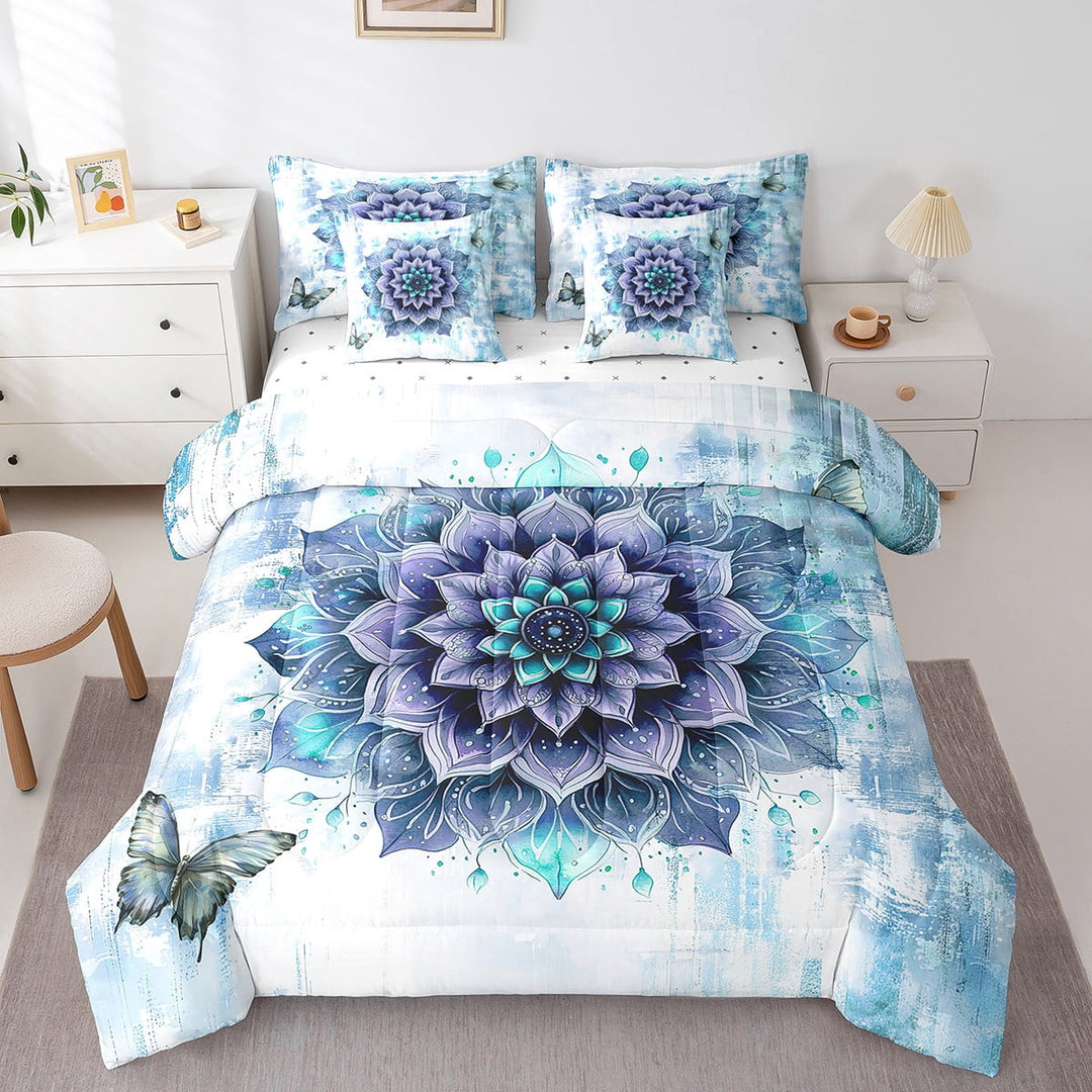 Girls Flower Bed in a Bag 7-Piece Mandala Floral Bedding Set for Women,Blue Gradient King Size Comforter Set Vintage Ombre Bedding Comforter Sets,Oil Painting Aesthetic Bed Set Room Decorative