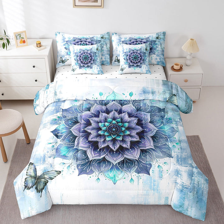 Girls Flower Bed in a Bag 7-Piece Mandala Floral Bedding Set for Women,Blue Gradient King Size Comforter Set Vintage Ombre Bedding Comforter Sets,Oil Painting Aesthetic Bed Set Room Decorative