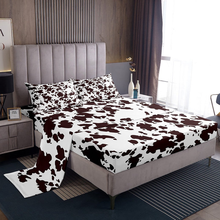 4 Piece Highland Milk Cow Bed Sheets Set Queen Size,Cartoon Brown Cow Print Bedding Set,Western Cowhide Flat Fitted Sheet,Bull Cattle Rustic Farmhouse Top Sheet Soft Lightweight