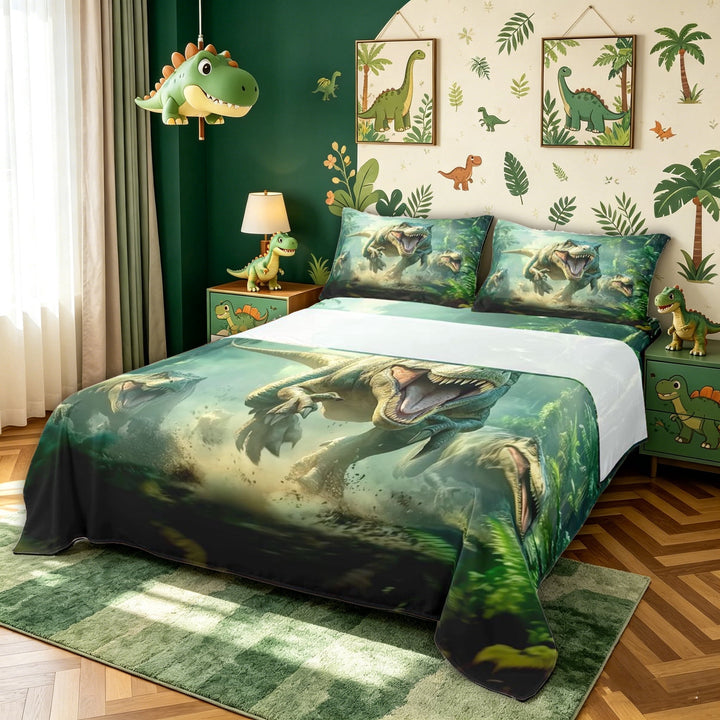 meiyoeat Dinosaur Animals Bed Sheets for Kids Boys, Jungle Scene Full Size Sheets for Bedroom, Green, 4 Pieces