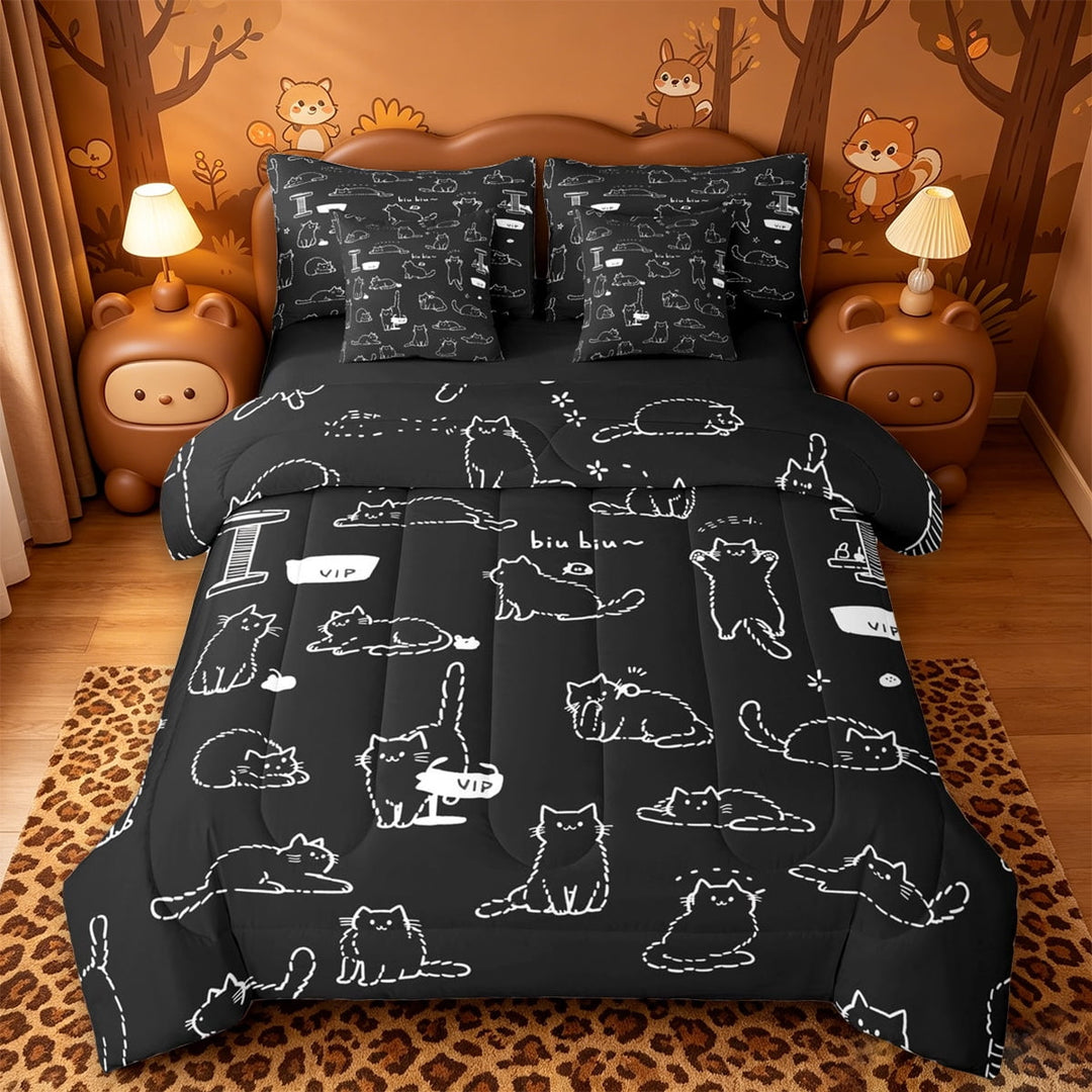 meiyoeat Black Cat Line Art 7 Pieces Full Size Bedding Sets,Simple Kitten Pattern Full Size Bed in a Bag For Girl,Reversible