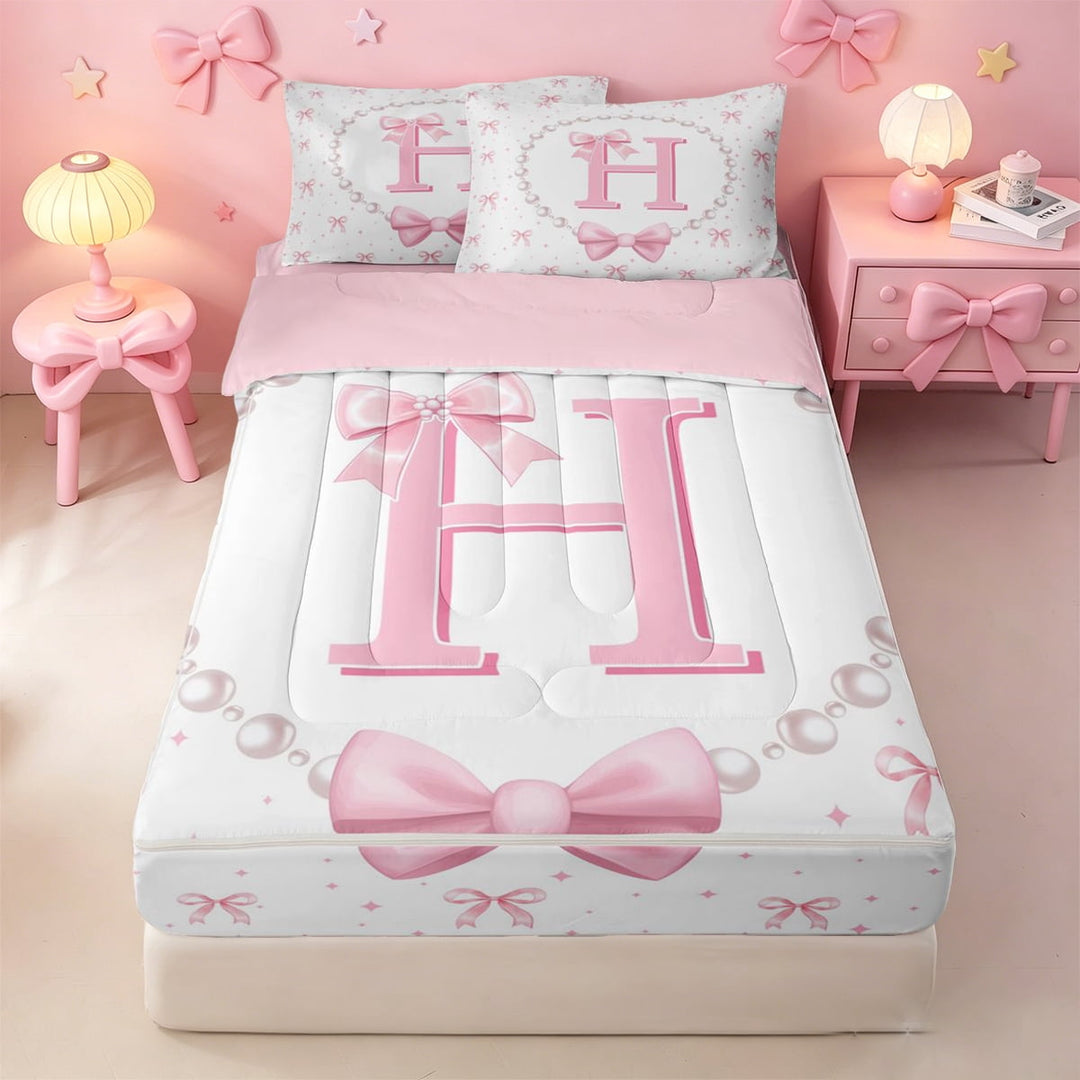 meiyoeat Chic Pearl Necklace Print Zipper Full Size Comforter Sets with Fitted Sheet and 2 Pillowcases For Kids,Pink Coquette Bow Initial Letter H Zipper Bedding Set,Pink Reversible,4 Pieces