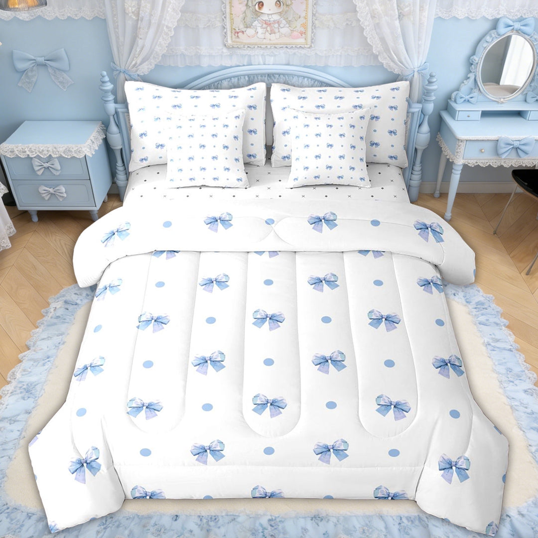 Erosebridal Light Blue Bow Polka Dot Twin Bedding Sets for Girls, Blue Ribbon Bedding Comforter Set for Kids, Reversible, 7 Pieces