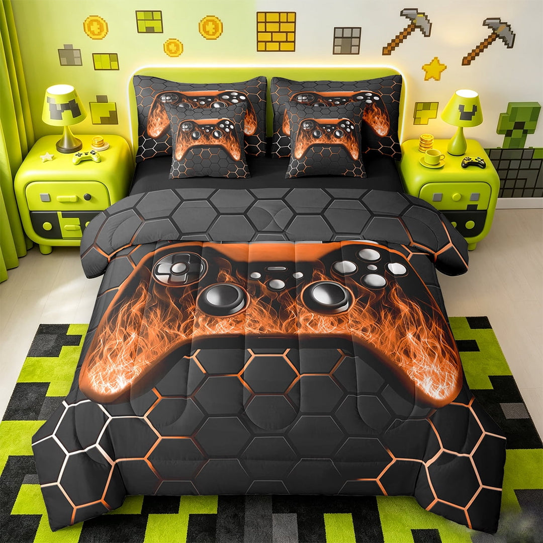 Manfei Gaming Bedding Twin Size,Game Gamer Controller Comforter Sets with Sheets,Gradent Orange Black Bedding Sets Twin Size For Boy,Microfiber Room Decor Reversible,7pcs