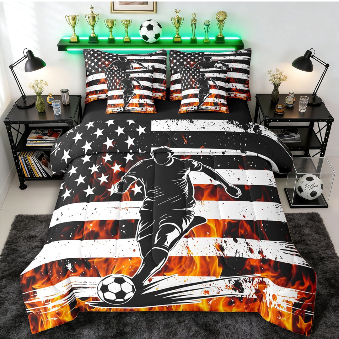 Erosebridal Soccer Gamer Flame Bedding Comforter Set 7 Pieces for Boys,Vintage USA Flag Full Bedding Set for Kids Teens,Black Reversible,Breathable Home Decor