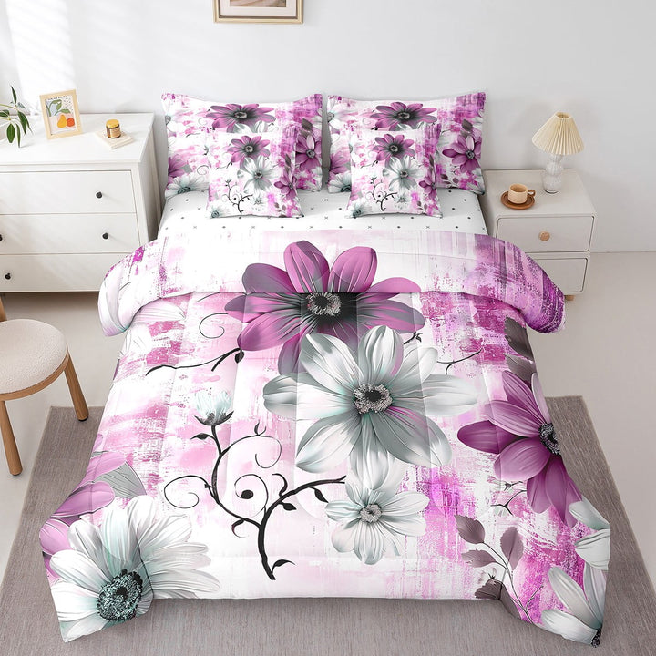 Watercolor Daisy Bedding Comforter Sets 7 Pieces Chic Flower Floral Bed in a Bag Women, Watercolor Oil Painting Queen Bedding Sets Ombre Gradient Comforter Set, Pink Bedding Sets