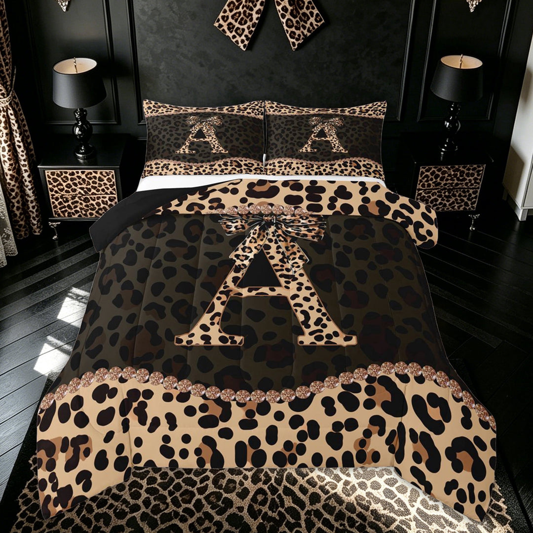 meiyoeat Leopard Print Letter A Full Size Comforter Sets for Girls, Bow Diamond Bedding Comforter Set, Brown Black, Black Reversible, 3-Piece, 1 Comforter and 2 Pillowcases