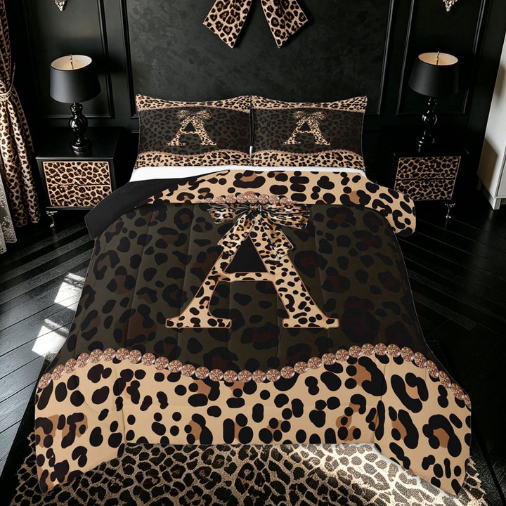 meiyoeat Leopard Print Letter A Full Size Comforter Sets for Girls, Bow Diamond Bedding Comforter Set, Brown Black, Black Reversible, 3-Piece, 1 Comforter and 2 Pillowcases