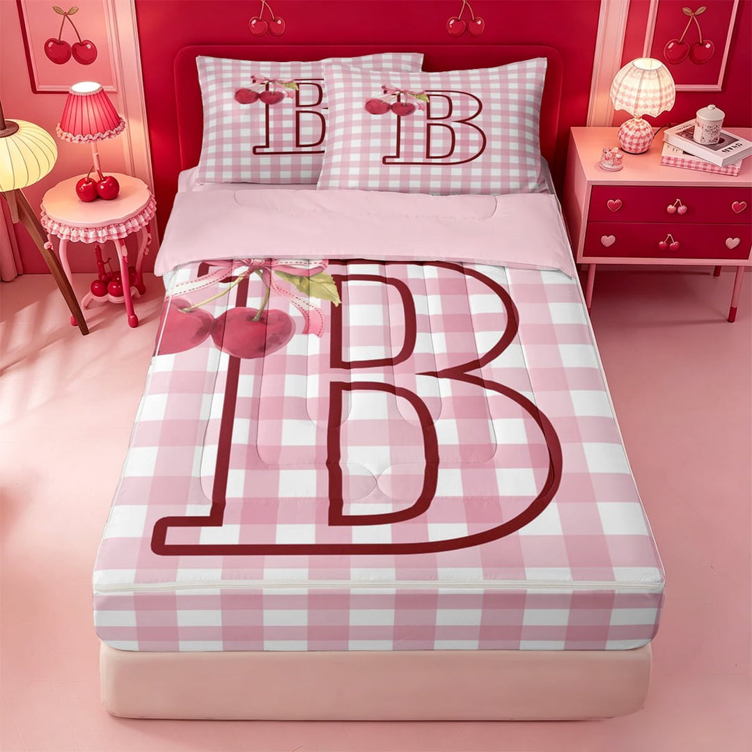 meiyoeat Coquette Bow Initial B Zipper Full Size Comforter Sets with Fitted Sheet and 2 Pillowcases,Sweet Cherry Monogram Art Zipper Bedding Set For Girl,Pink Reversible,4 Pieces