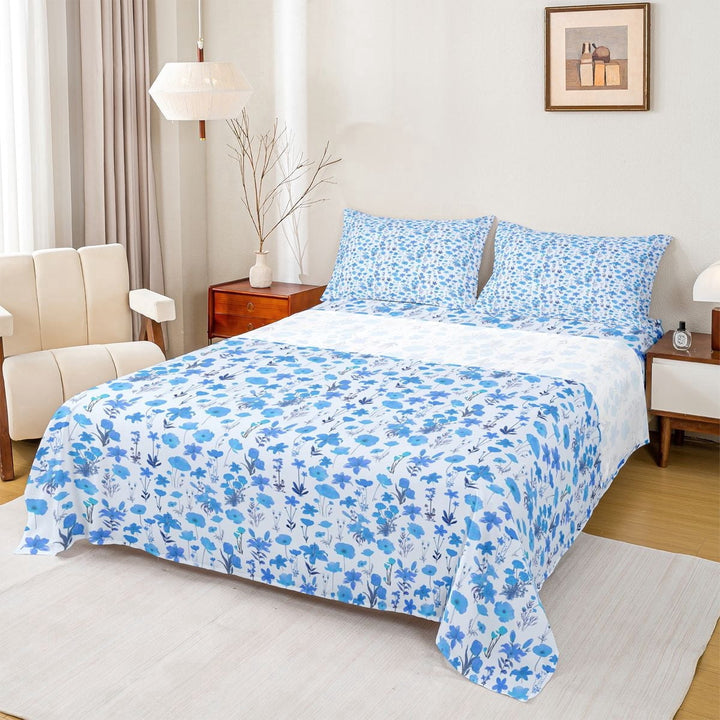 Erosebridal Blue Flower Full Size Sheets for Girls, Chic Floral Bed Sheets, 4 Pieces, 1 Flat Sheet 1 Fitted Sheet and 2 Pillowcases