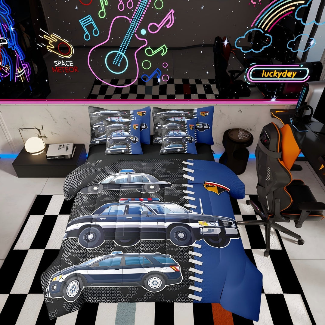 Erosebridal Police Car Bedding Sets Twin with Comforter, Blue Truck Duvet Insert, Vehicle Decor, Reversible 7 Pieces