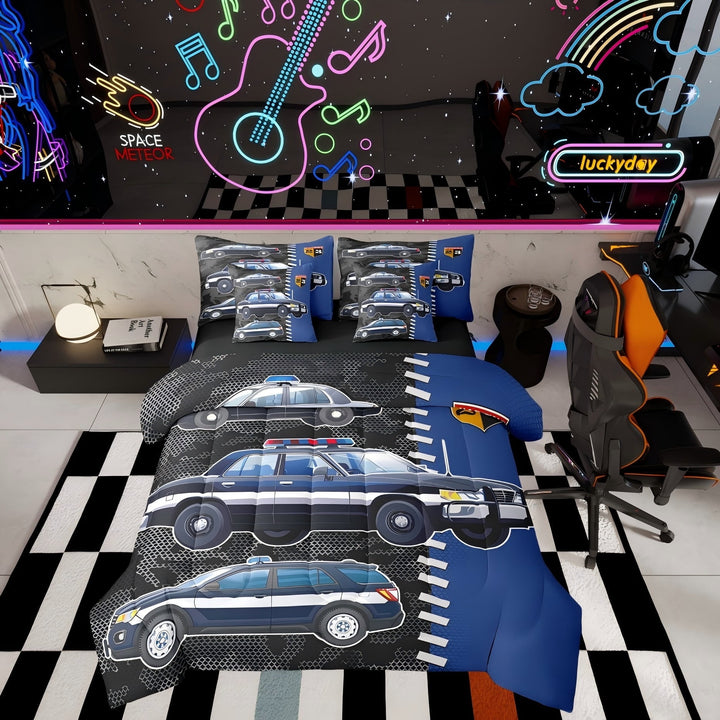 Erosebridal Police Car Bedding Sets Twin with Comforter, Blue Truck Duvet Insert, Vehicle Decor, Reversible 7 Pieces