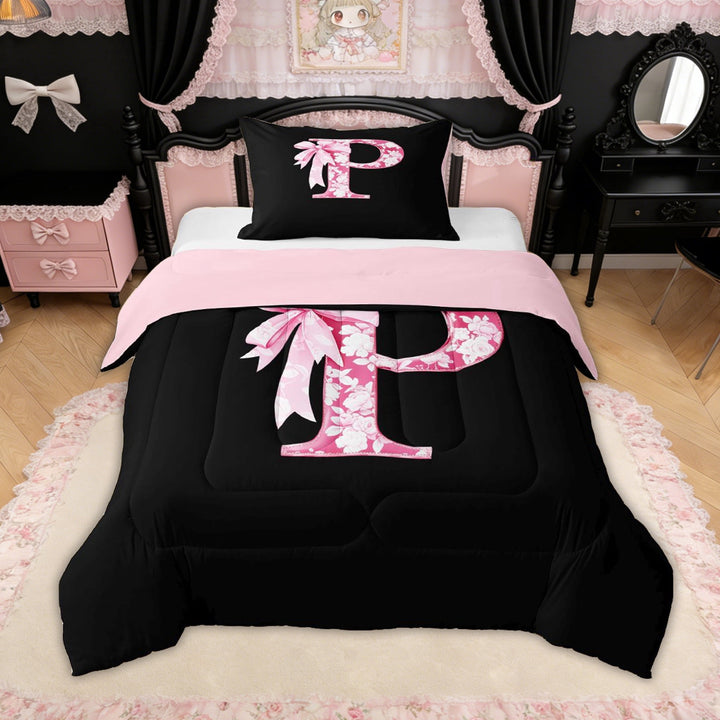 Erosebridal Floral Bow Letter P Twin Comforter Sets for Girls, Pink Initial Ribbon Bedding Set, Reversible, 2-Piece