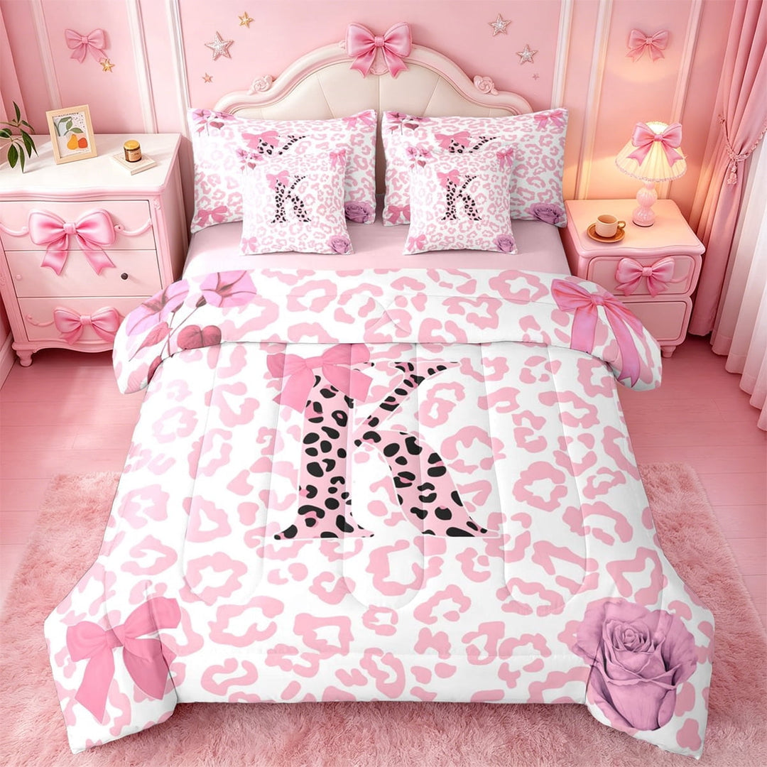 Erosebridal Pink Leopard Print 7-Piece Twin Bedding Sets For Girls,Letter K Initial Bedding Comforter Set,Pink Reversible