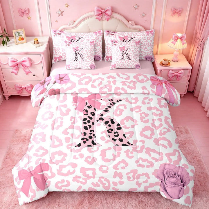 Erosebridal Pink Leopard Print 7-Piece Twin Bedding Sets For Girls,Letter K Initial Bedding Comforter Set,Pink Reversible