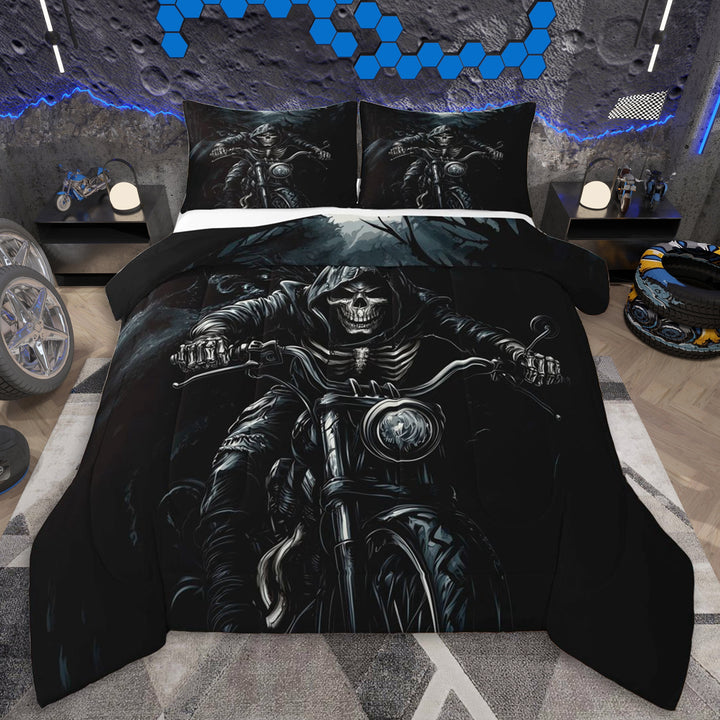 Erosebridal Gothic Skeleton Motorcyclist Queen Comforter Set 3pcs For Teens Boys,Kids Motogp Sport Bedding Comforter Set,Black Reversible,Breathable Home Decor
