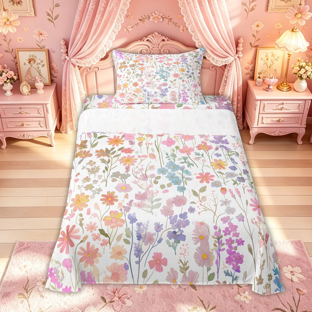 meiyoeat Boho Wildflower Groovy Bed Sheets for Kids Girls, Pastel Floral Flower Full Size Sheets, Multi White, 4pcs
