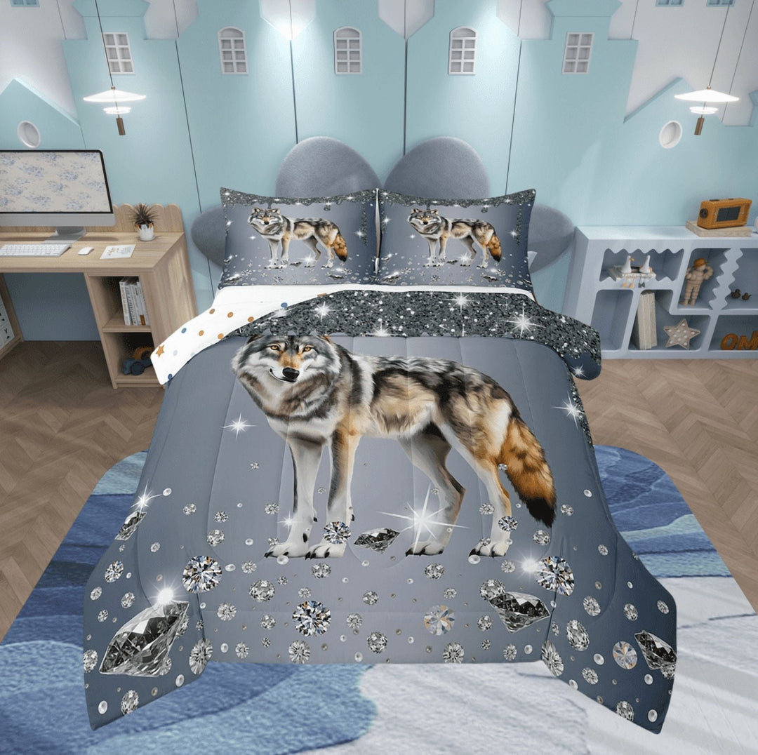 Wolf Comforter Set Sliver Sequin Fluid Art Down Comforter,Crystal Diamond Twin Bedding Sets,Woodland Animals Quilt Set Jungle Wildlife Room Decor