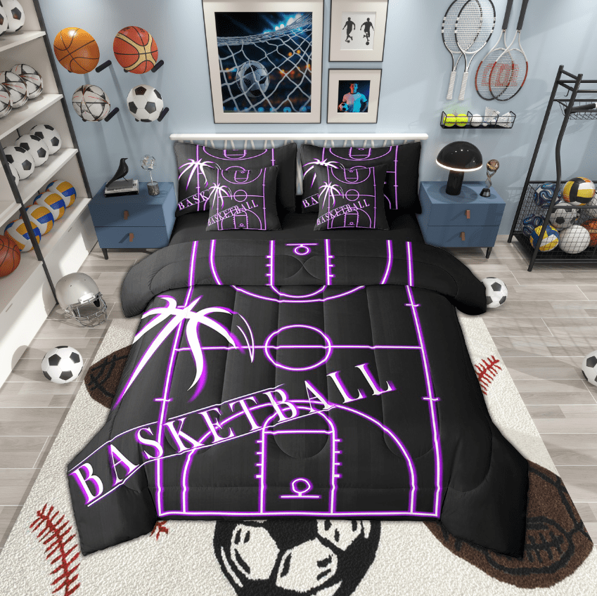 Teens Basketball Twin Comforter Set 7 Pieces Sports Bedding Comforter Sets, Black Purple Basketball Court Bed in a Bag Ball Gaming Bedding Set, Sport Gamer Bed Sheets Set (Black Reversible)
