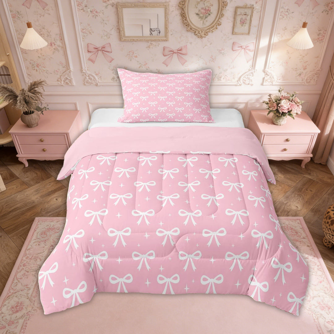 Erosebridal Princess Ribbon Kids Twin Comforter Sets, Dreamy Girly Pink Bow Bedding Set, 2pcs