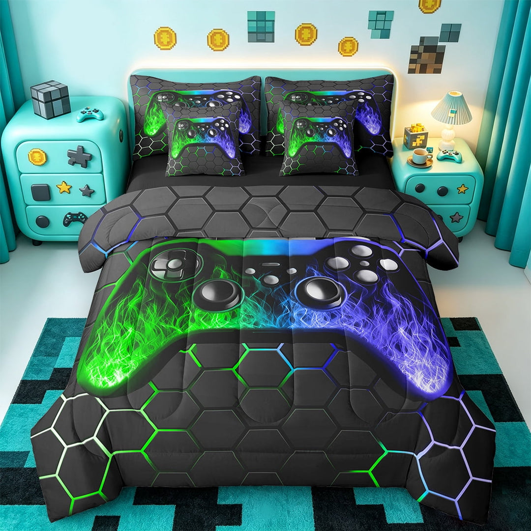 Manfei Graffiti Hippie Gamepad Bedding Sets Twin Size,Green Blue Ombre Comforter Sets with Sheets,Gamer Gaming Bed in a Bag Twin Size For Boys Kids,Super Cozy Bedroom Decor Reversible,7-Piece